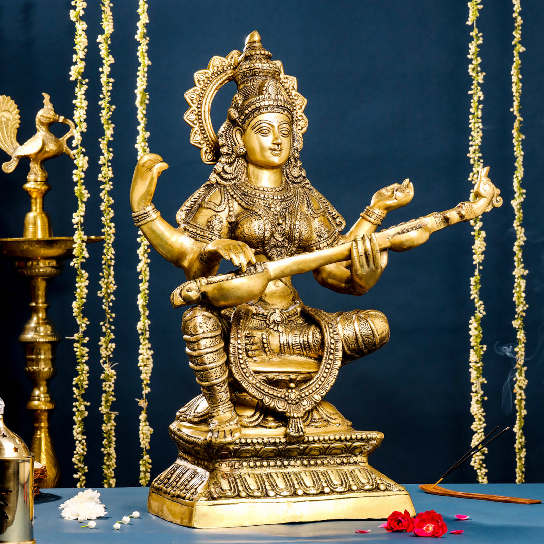 Brass Goddess Sitting Saraswati Idol (30 Inch) Vedansh Craft