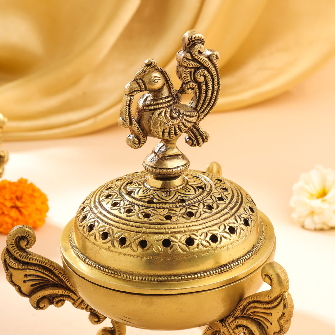 Brass Peacock Dhoop Dani & Incense Holder Vedansh Craft