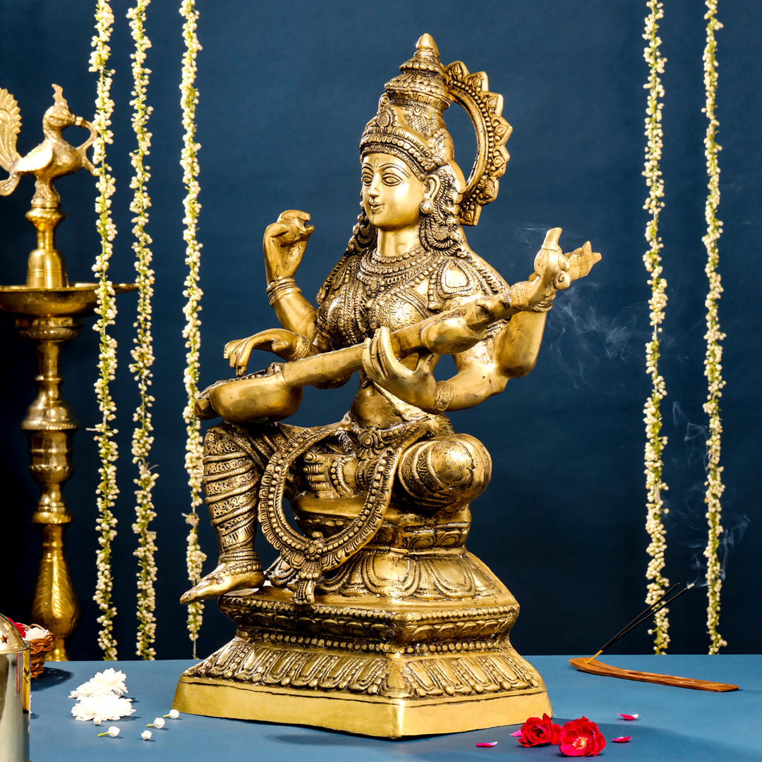 Brass Goddess Sitting Saraswati Idol (30 Inch) Vedansh Craft