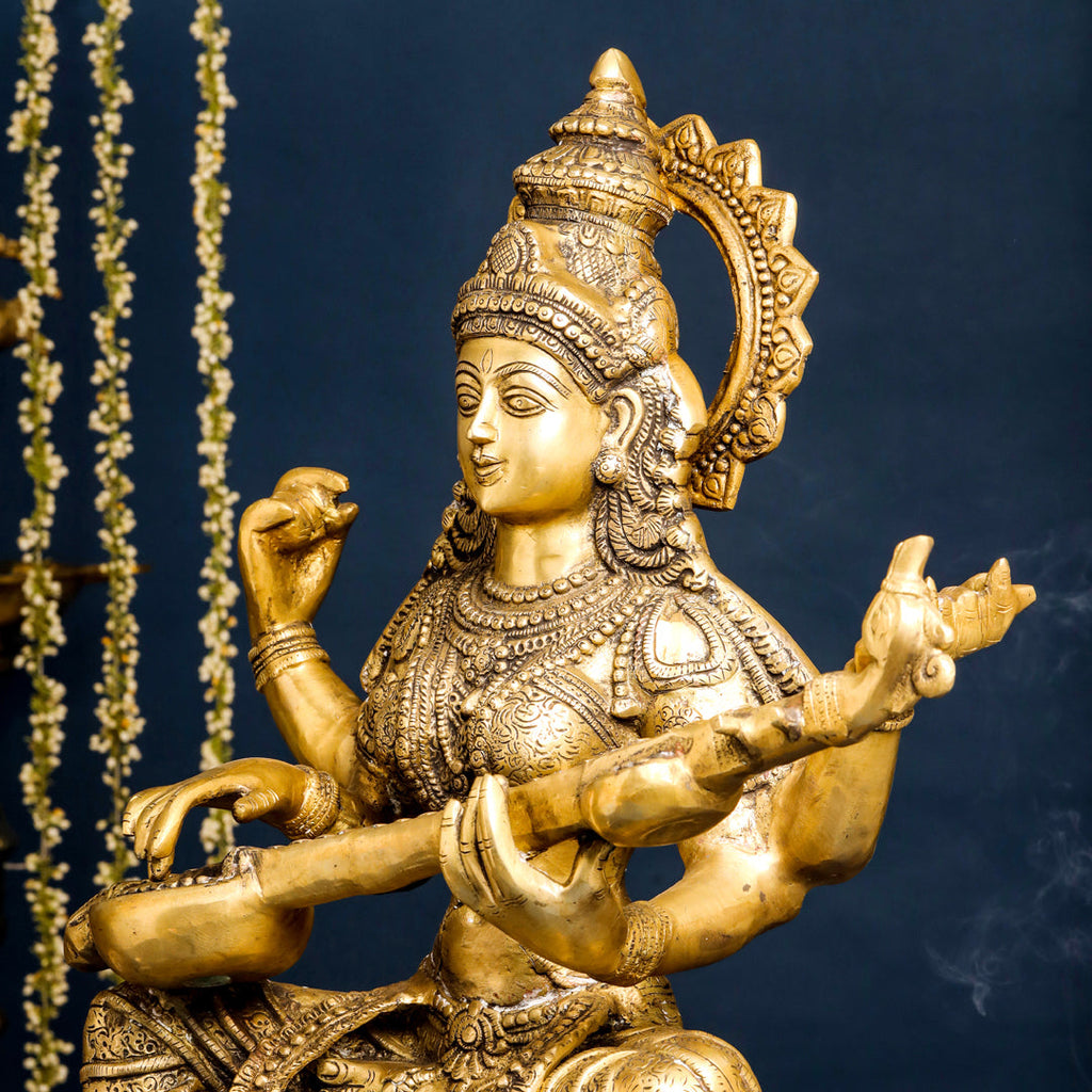 Brass Goddess Sitting Saraswati Idol (30 Inch) Vedansh Craft