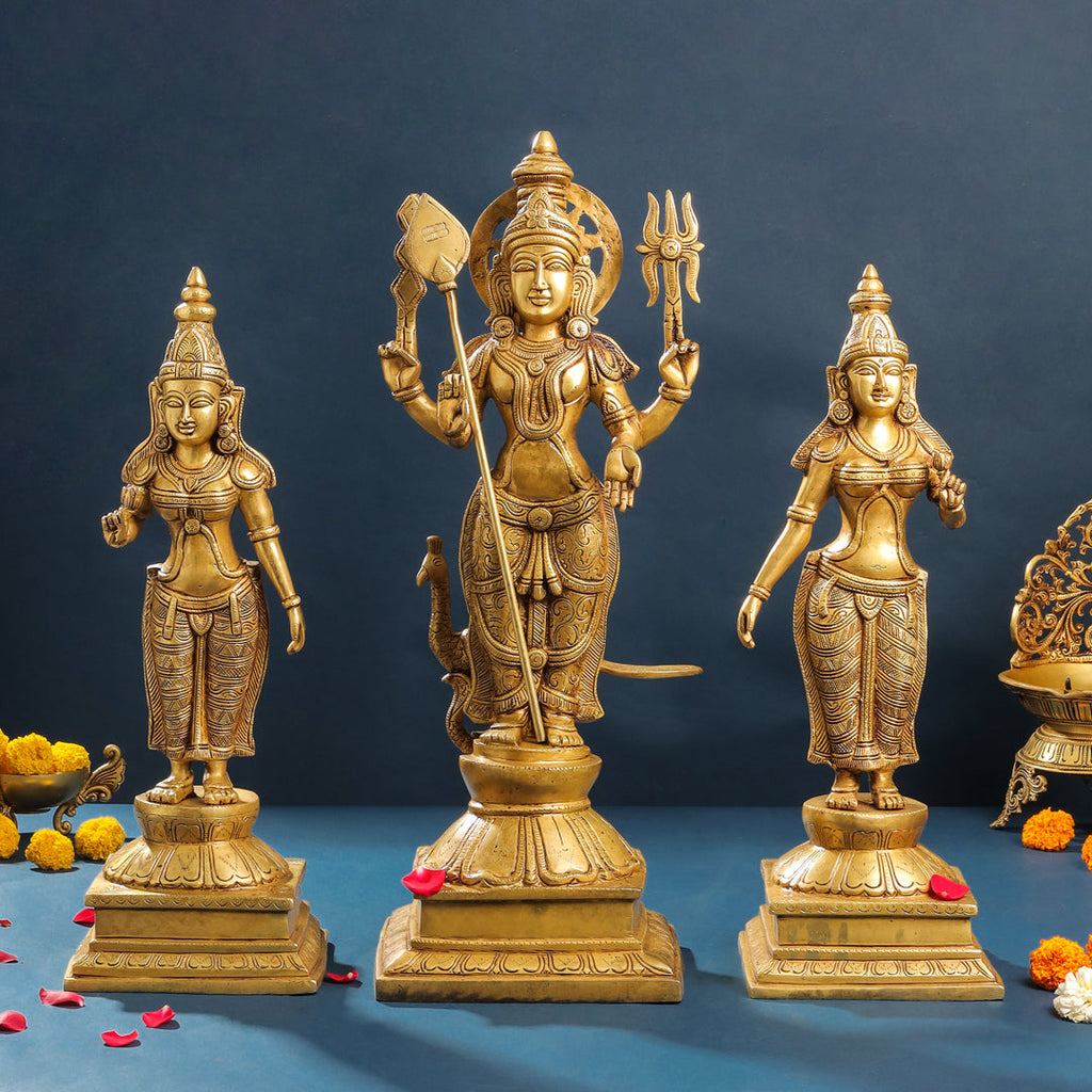 Brass Standing Lord Murugan With Devasena And Valli Statues (23.5 Inch) Vedansh Craft