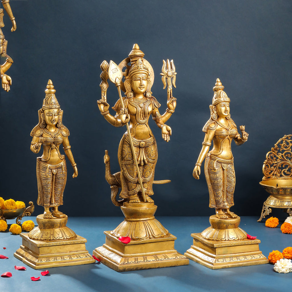 Brass Standing Lord Murugan With Devasena And Valli Statues (23.5 Inch) Vedansh Craft