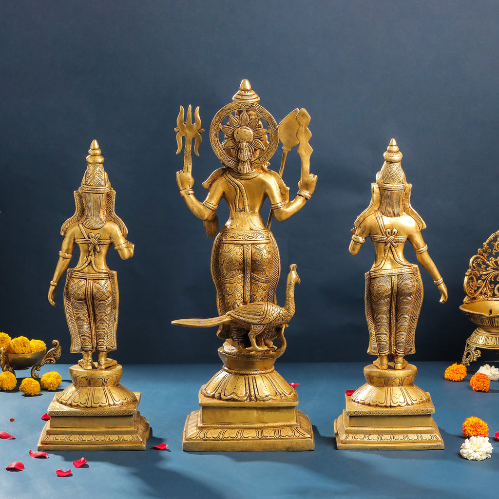 Brass Standing Lord Murugan With Devasena And Valli Statues (23.5 Inch) Vedansh Craft