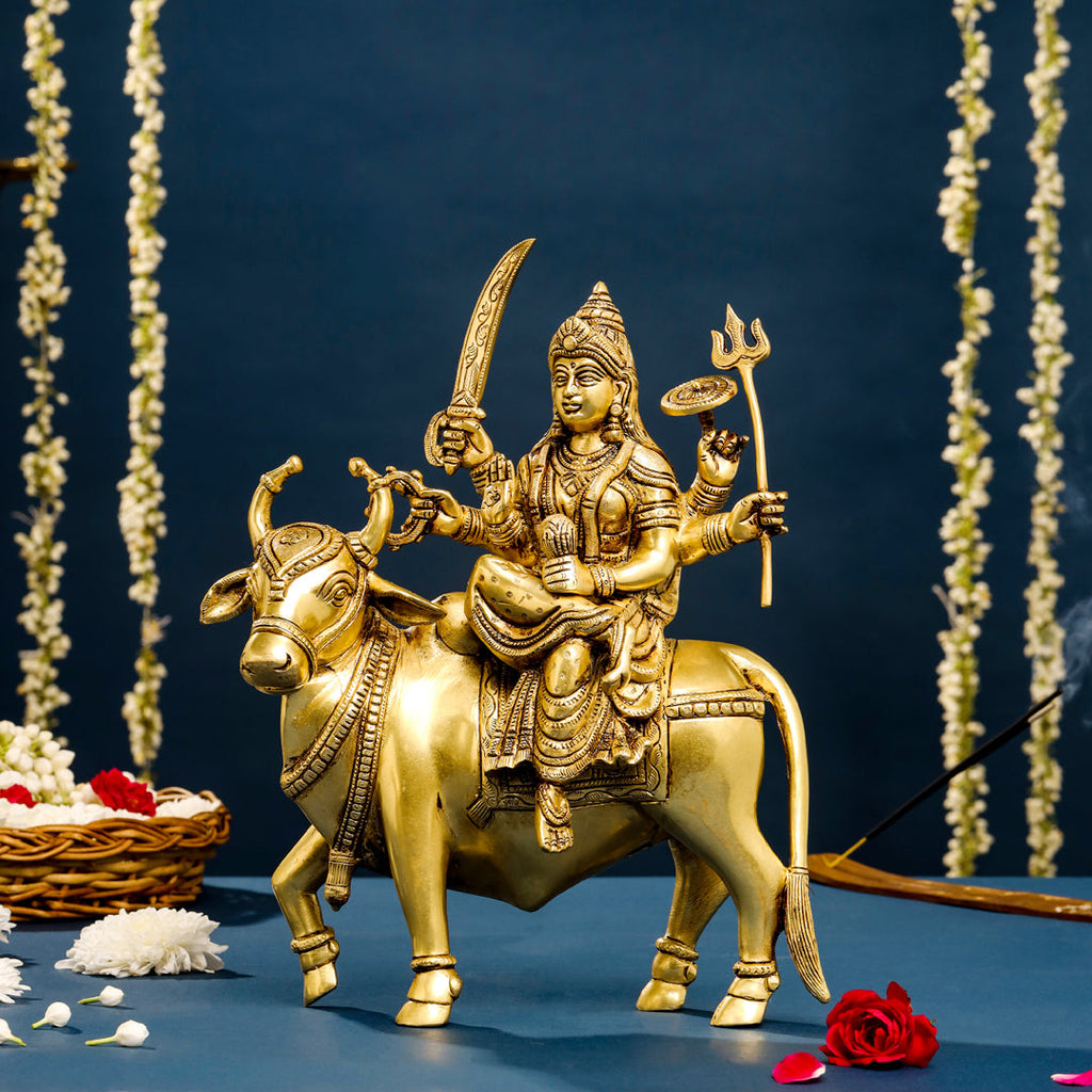 Brass Goddess Durga Sitting On Nandi Statue (13 Inch) Vedansh Craft