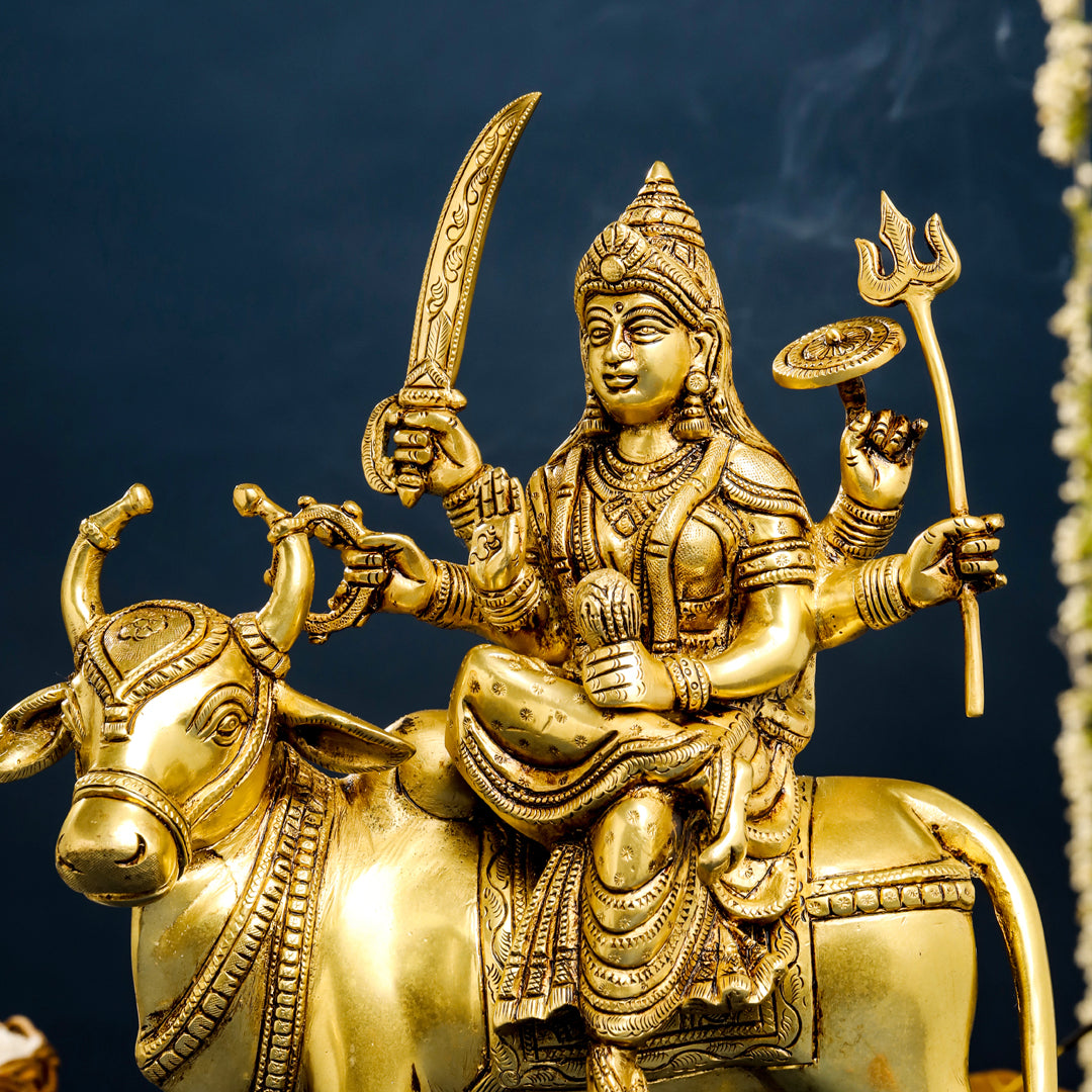 Brass Goddess Durga Sitting On Nandi Statue (13 Inch) Vedansh Craft