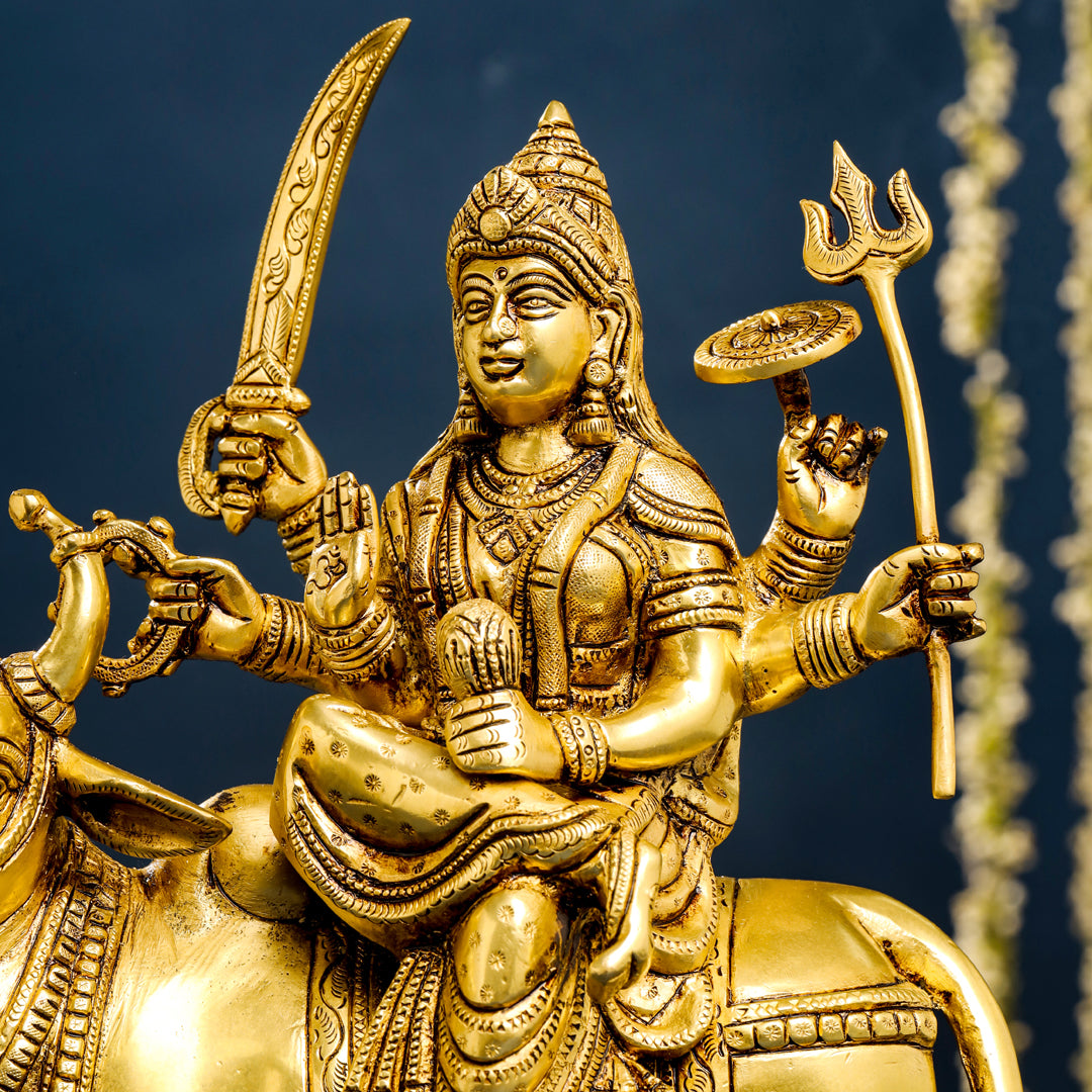 Brass Goddess Durga Sitting On Nandi Statue (13 Inch) Vedansh Craft