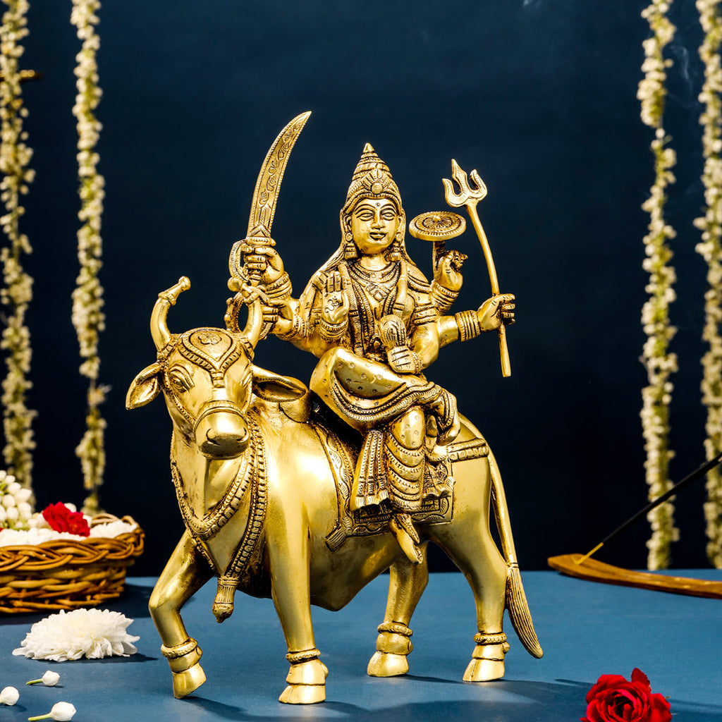 Brass Goddess Durga Sitting On Nandi Statue (13 Inch) Vedansh Craft