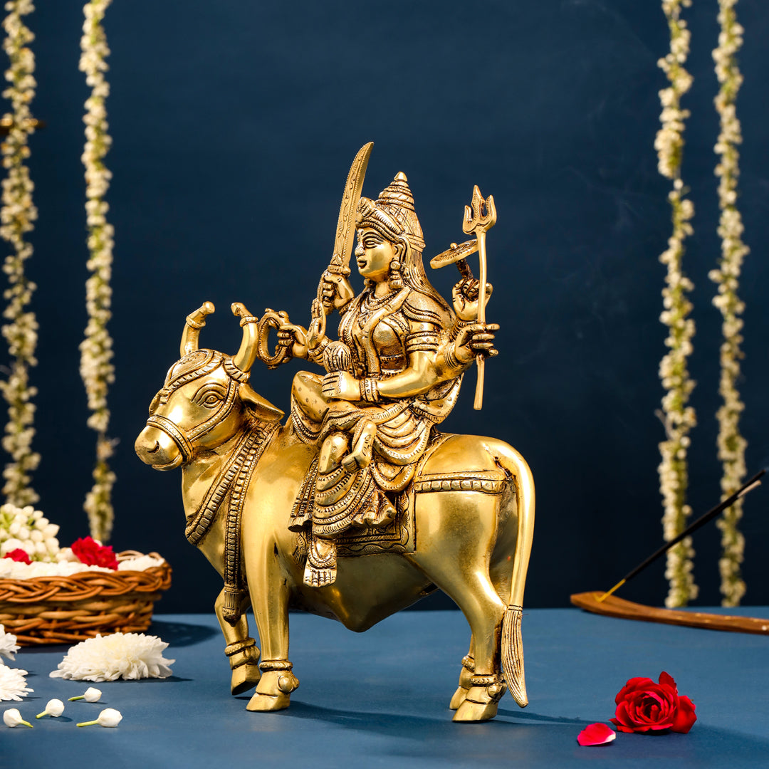 Brass Goddess Durga Sitting On Nandi Statue (13 Inch) Vedansh Craft
