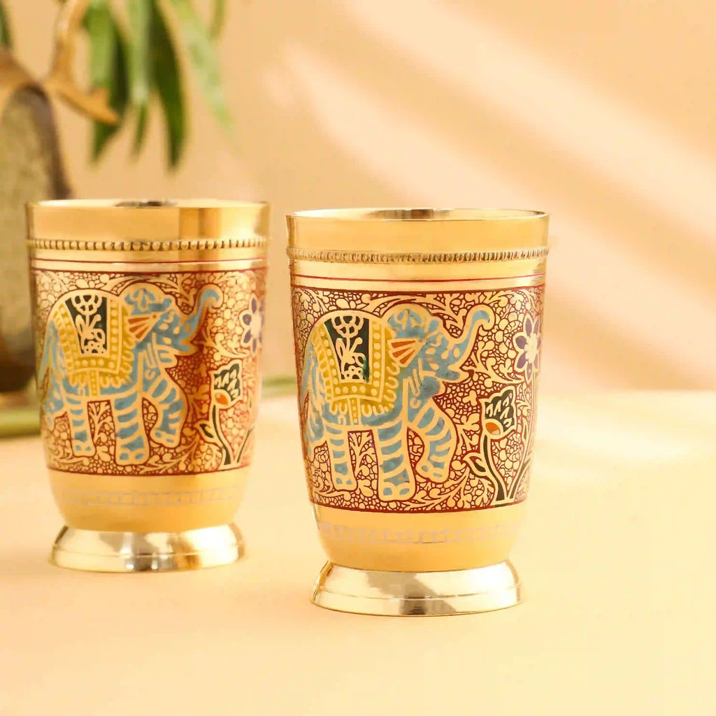 Brass Red Hand Painted Elephant Glass Pair (4.2 Inch) Vedansh Craft