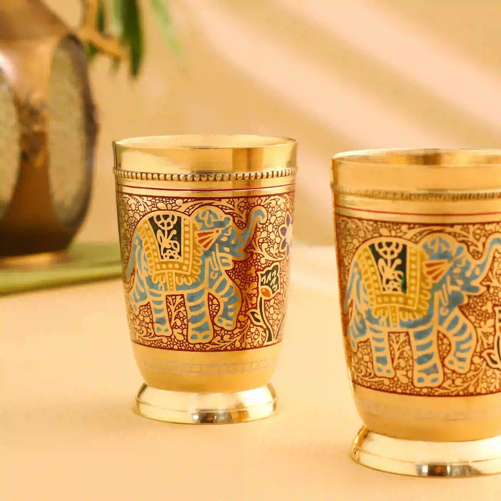 Brass Red Hand Painted Elephant Glass Pair (4.2 Inch) Vedansh Craft