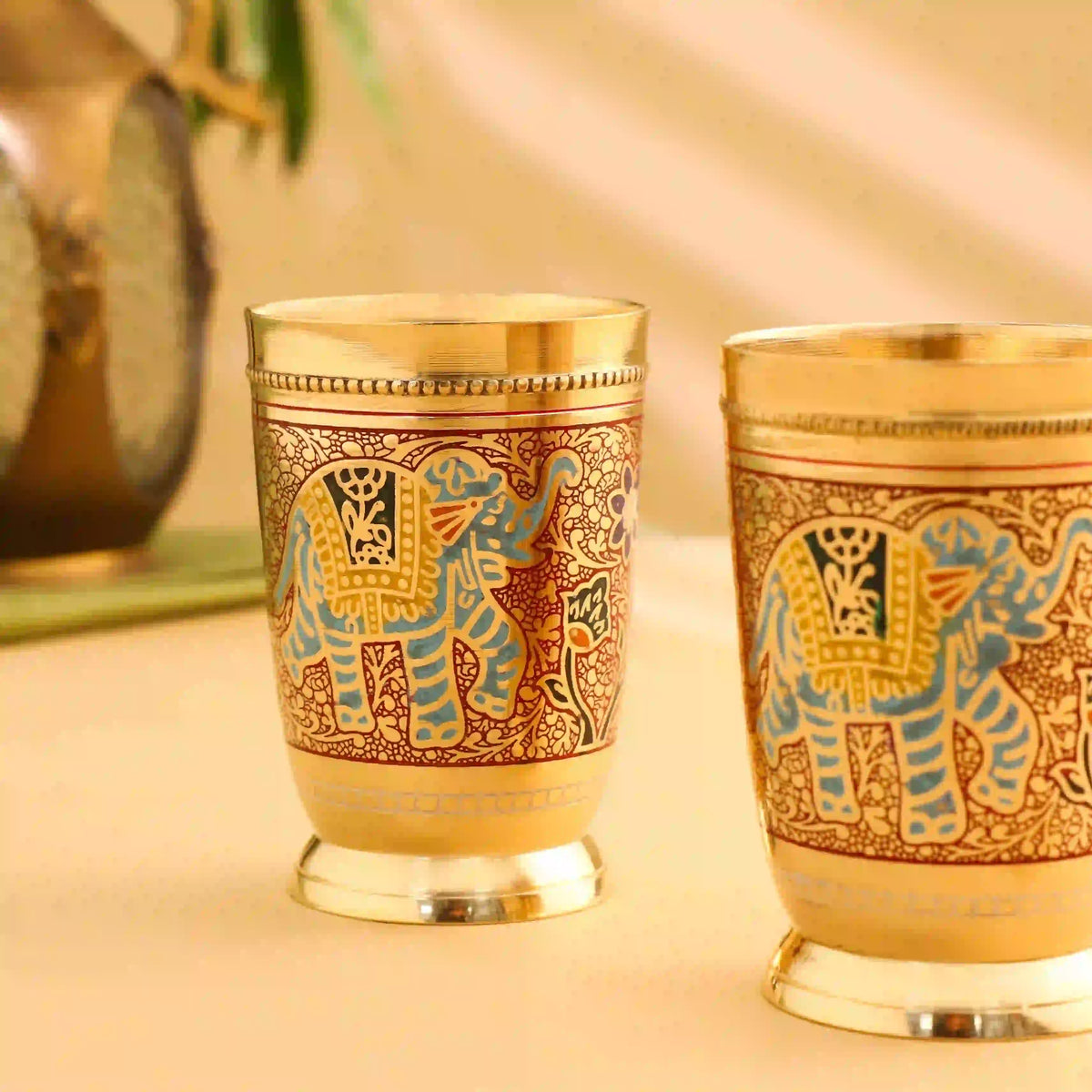 Brass Red Hand Painted Elephant Glass Pair (4.2 Inch) Vedansh Craft
