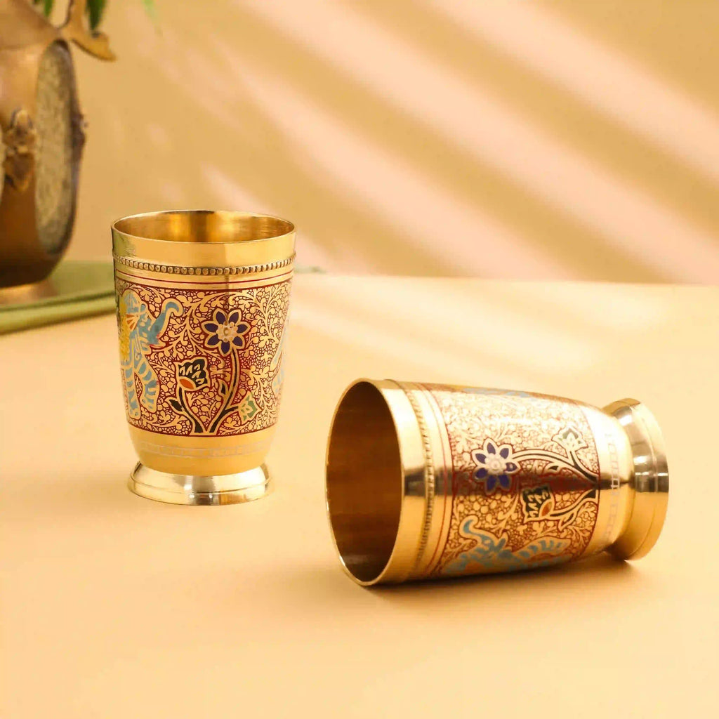 Brass Red Hand Painted Elephant Glass Pair (4.2 Inch) Vedansh Craft