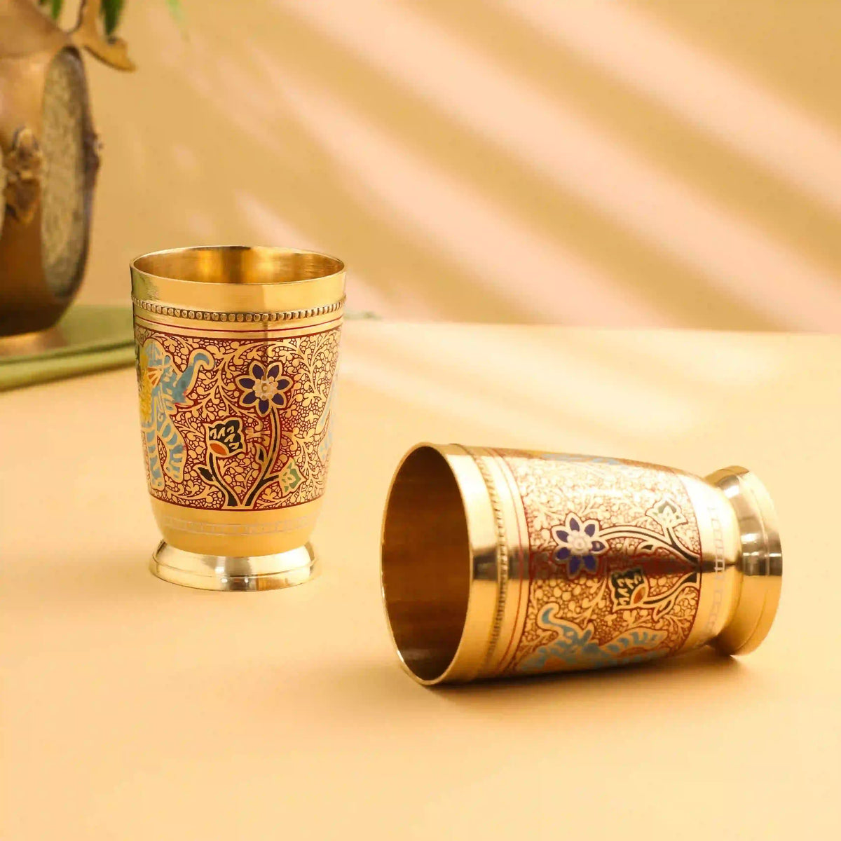 Brass Red Hand Painted Elephant Glass Pair (4.2 Inch) Vedansh Craft