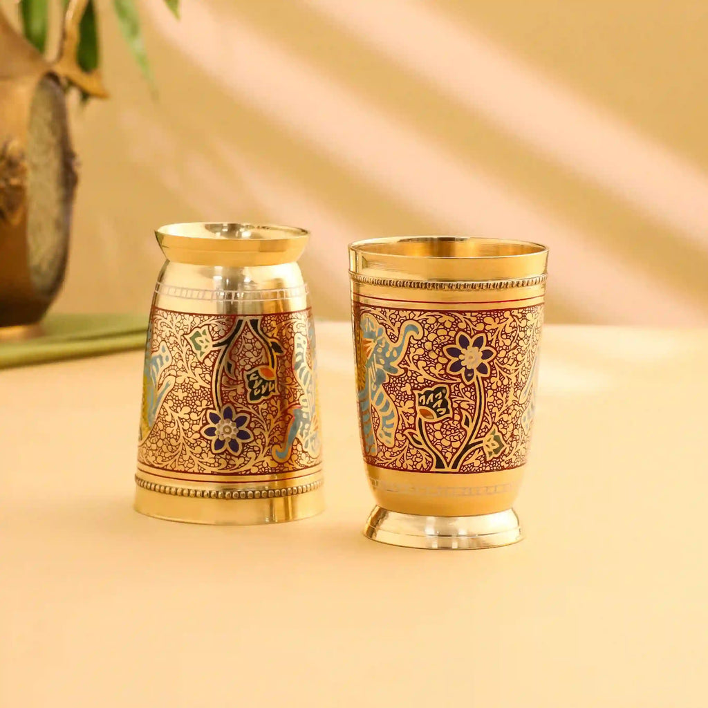Brass Red Hand Painted Elephant Glass Pair (4.2 Inch) Vedansh Craft