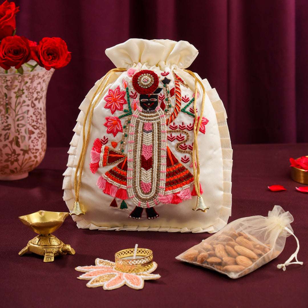 Brass Sindoor Box & Tortoise Diya Shrinathji Festive Potli/Hamper Vedansh Craft