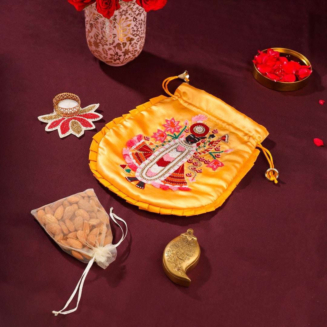 Brass Sindoor Box & Tortoise Diya Shrinathji Festive Potli/Hamper Vedansh Craft