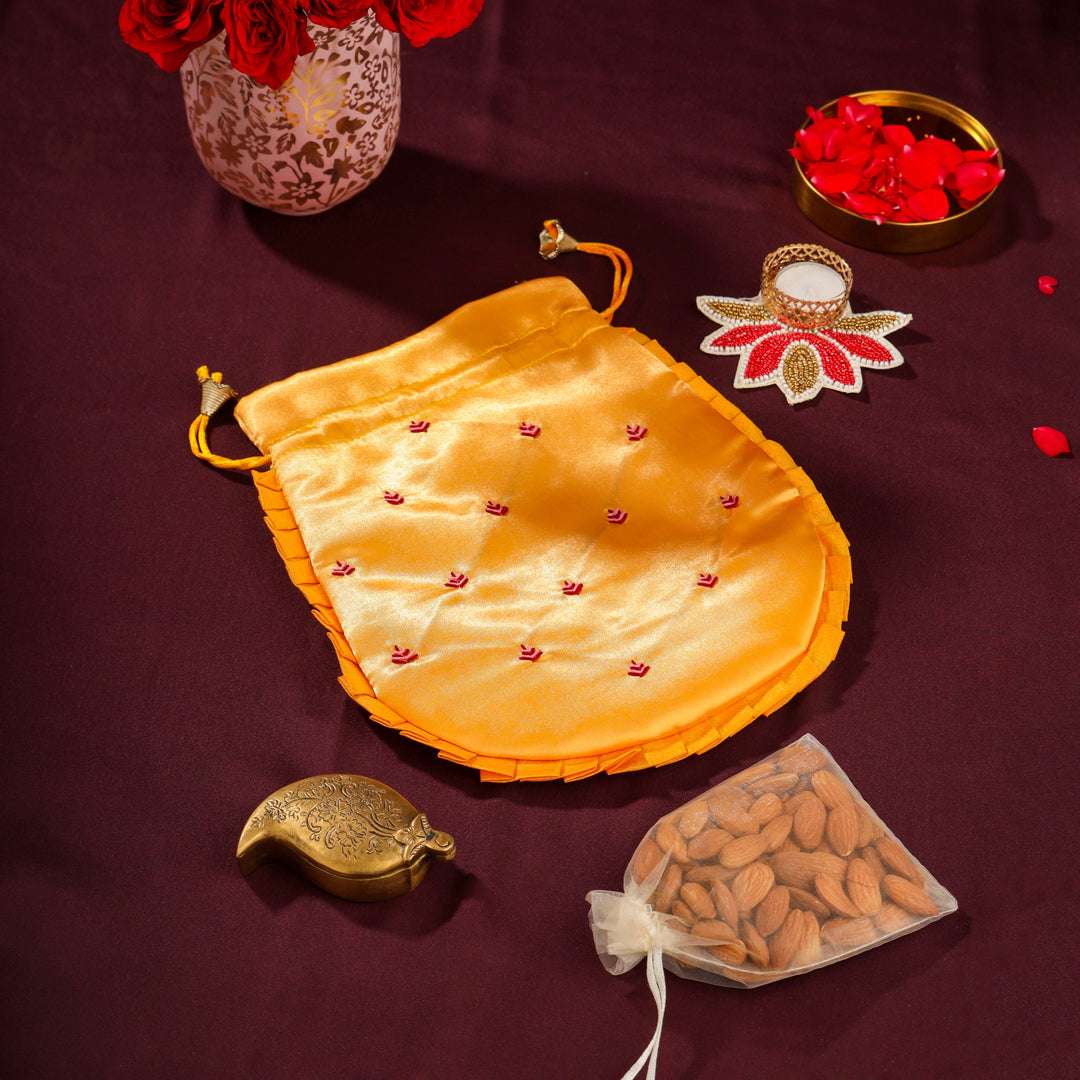 Brass Sindoor Box & Tortoise Diya Shrinathji Festive Potli/Hamper Vedansh Craft
