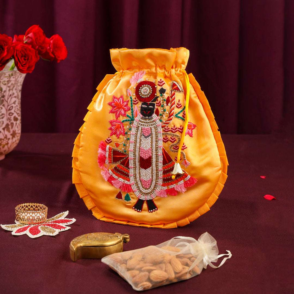 Brass Sindoor Box & Tortoise Diya Shrinathji Festive Potli/Hamper Vedansh Craft