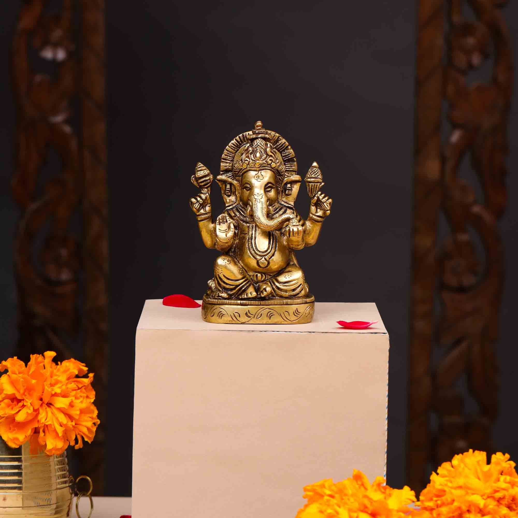 Brass Blessing Sitting Ganesha Idol (4.5 Inch) Vedansh Craft