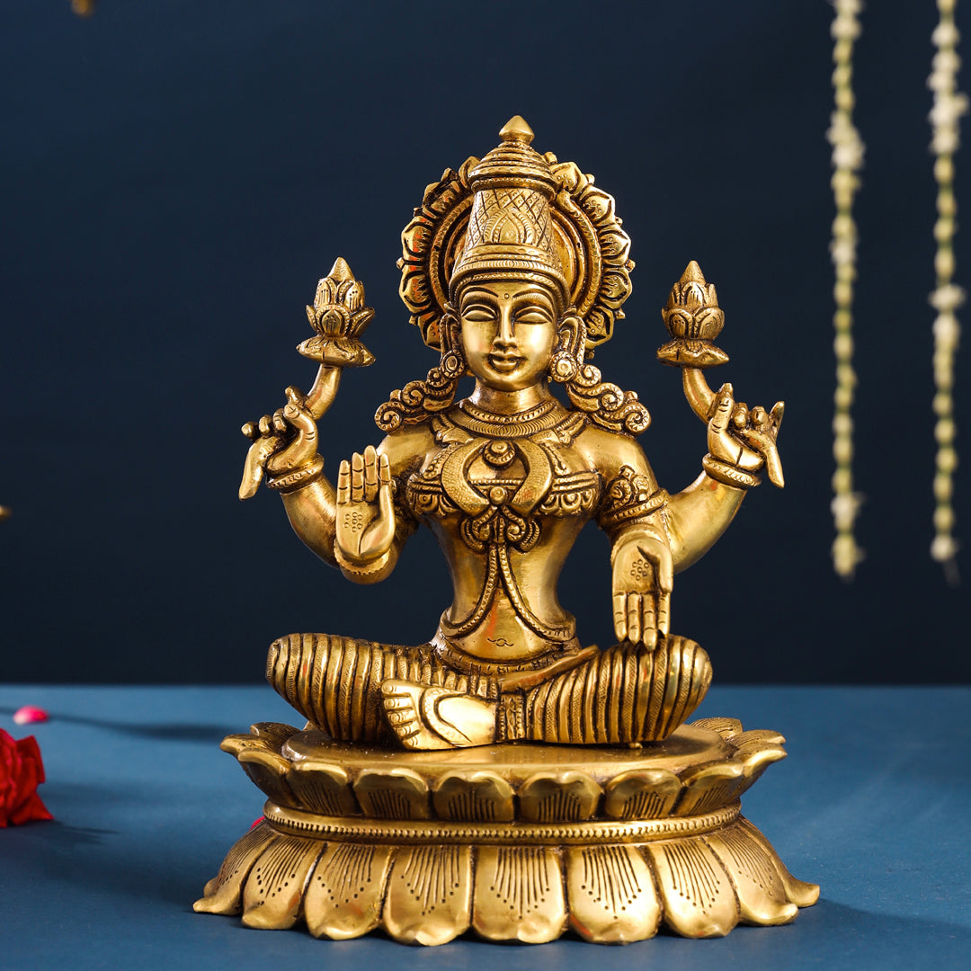 Brass Superfine Sitting Goddess Lotus Lakshmi Idol (11 Inch) Vedansh Craft