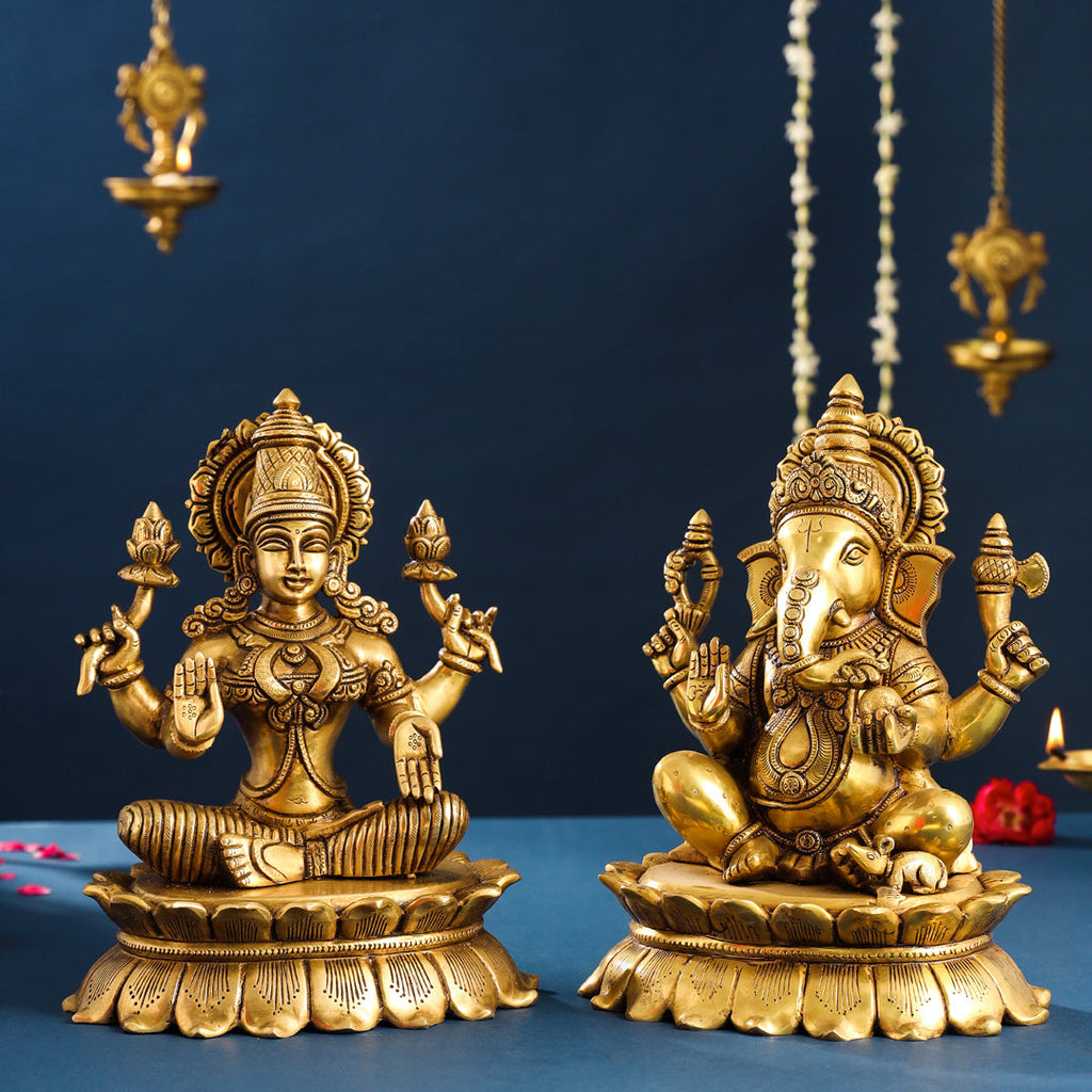 Brass Superfine Sitting Ganesha And Lakshmi Idols Set (11 Inch) Vedansh Craft