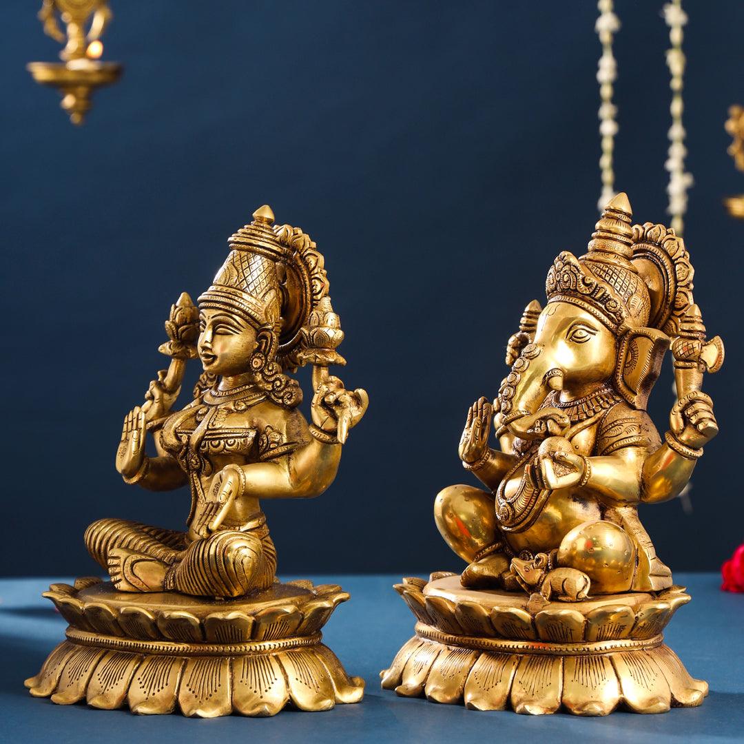 Brass Superfine Sitting Ganesha And Lakshmi Idols Set (11 Inch) Vedansh Craft