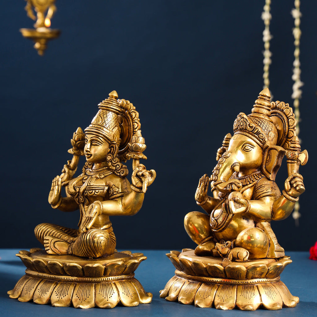 Brass Superfine Sitting Ganesha And Lakshmi Idols Set (11 Inch) Vedansh Craft