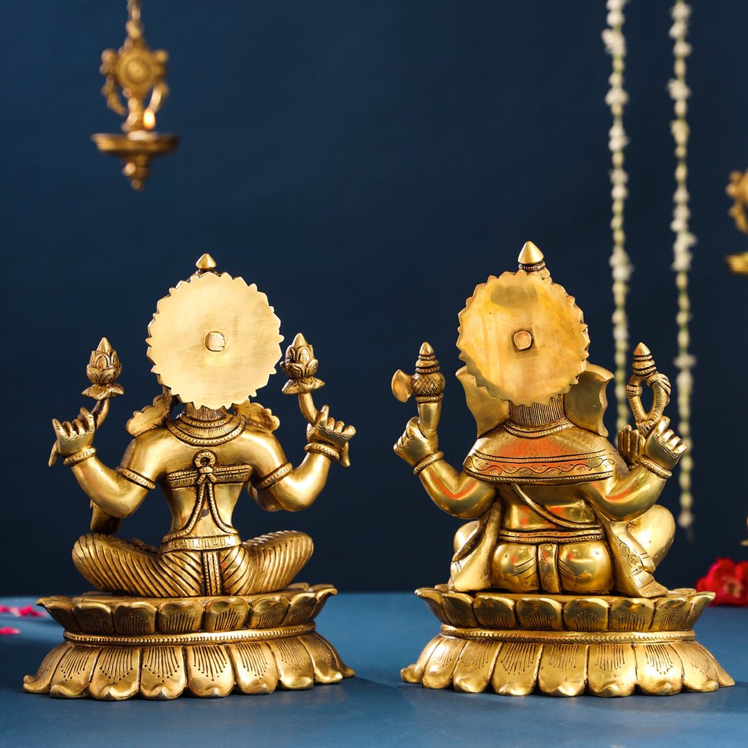 Brass Superfine Sitting Ganesha And Lakshmi Idols Set (11 Inch) Vedansh Craft