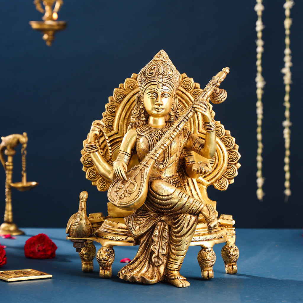 Brass Goddess Sitting Saraswati Idol (15 Inch) Vedansh Craft