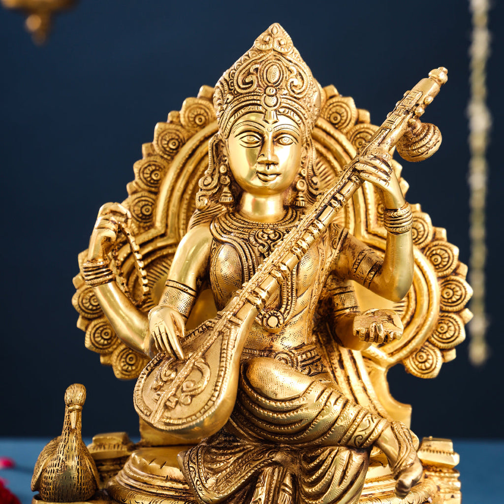 Brass Goddess Sitting Saraswati Idol (15 Inch) Vedansh Craft