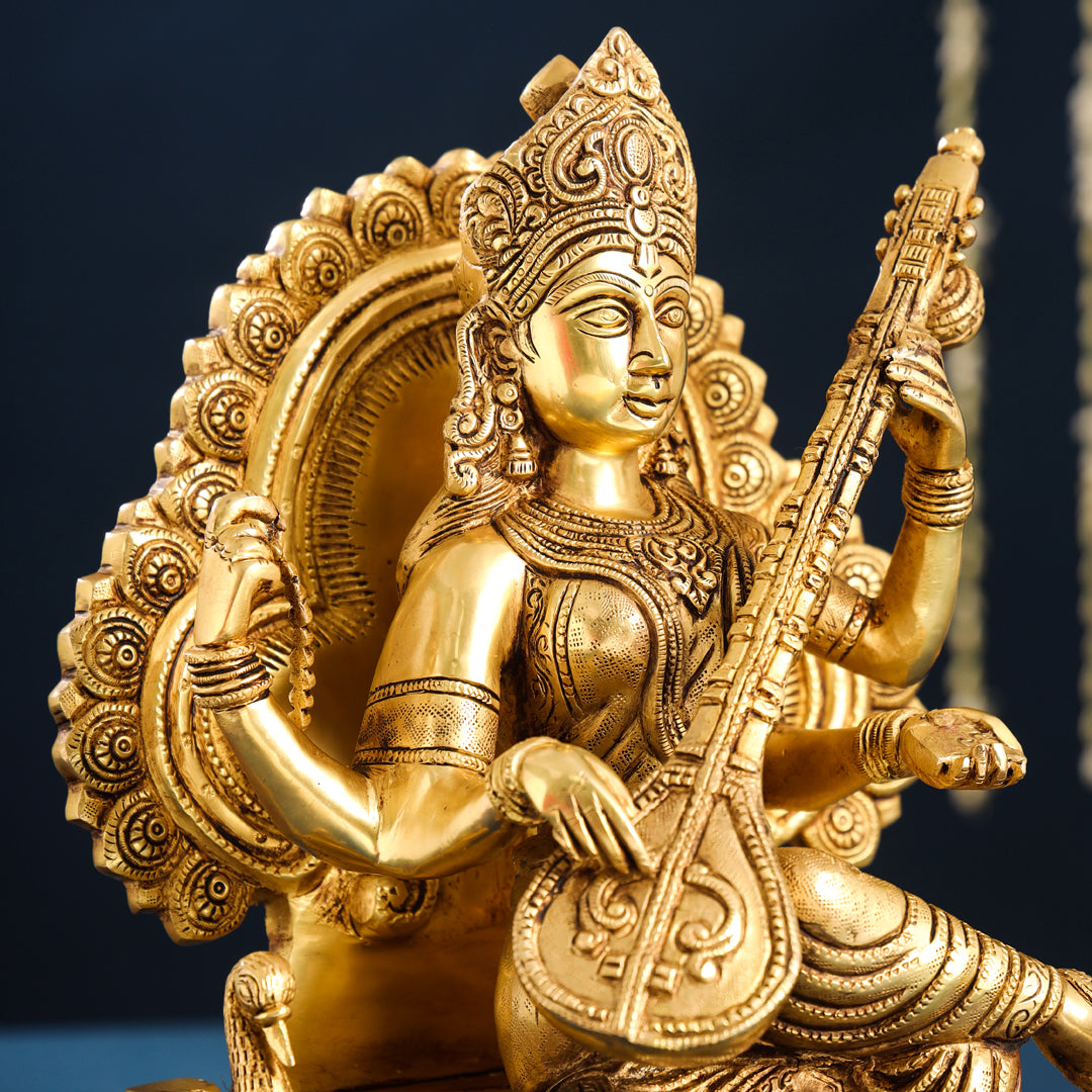 Brass Goddess Sitting Saraswati Idol (15 Inch) Vedansh Craft