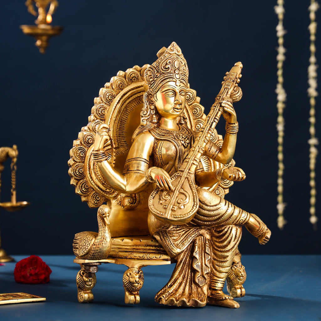 Brass Goddess Sitting Saraswati Idol (15 Inch) Vedansh Craft