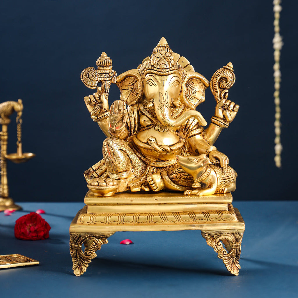 Brass Lord Sitting Ganesha Chowki Idol (12 Inch) Vedansh Craft