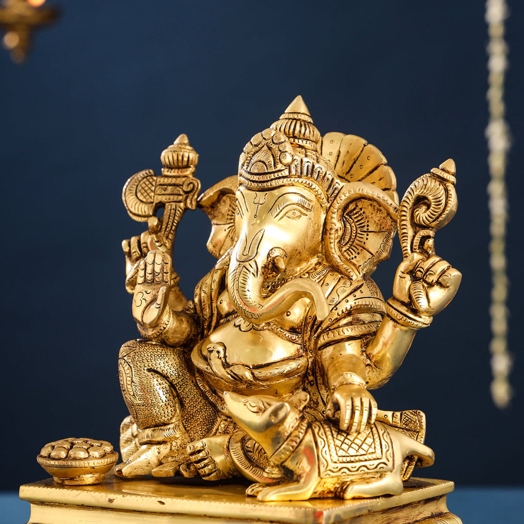 Brass Lord Sitting Ganesha Chowki Idol (12 Inch) Vedansh Craft