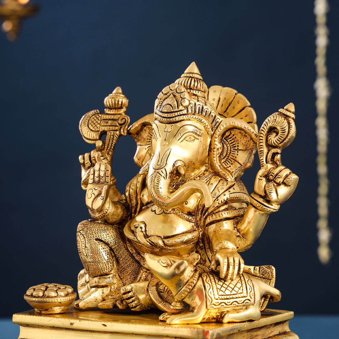 Brass Lord Sitting Ganesha Chowki Idol (12 Inch) Vedansh Craft