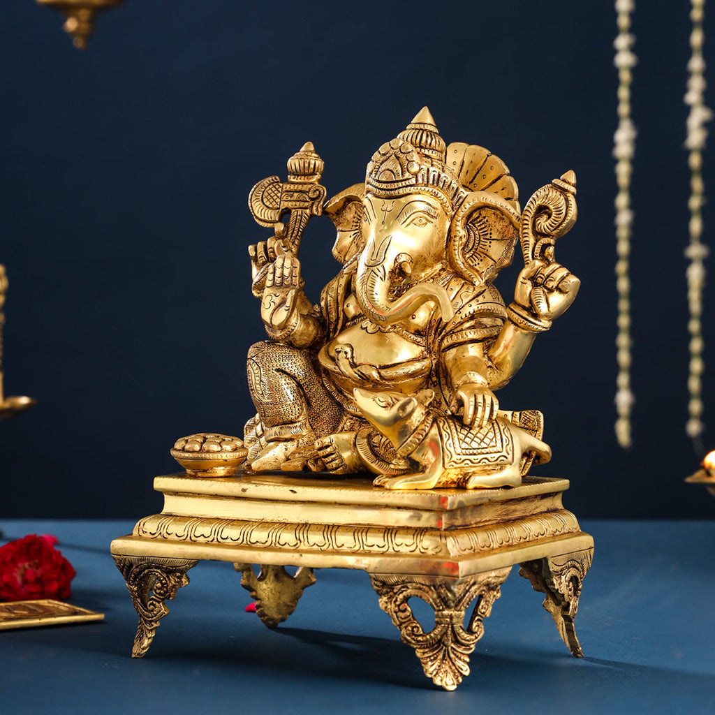 Brass Lord Sitting Ganesha Chowki Idol (12 Inch) Vedansh Craft