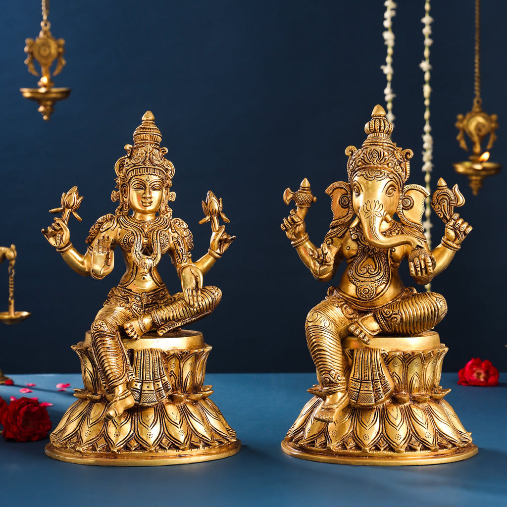 Brass Sitting Ganesha And Lakshmi Idols Set (14.8 Inch) Vedansh Craft