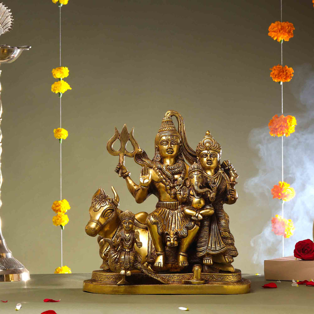 Brass Shiva Family Statue Sitting on Nandi (14 Inch) Vedansh Craft