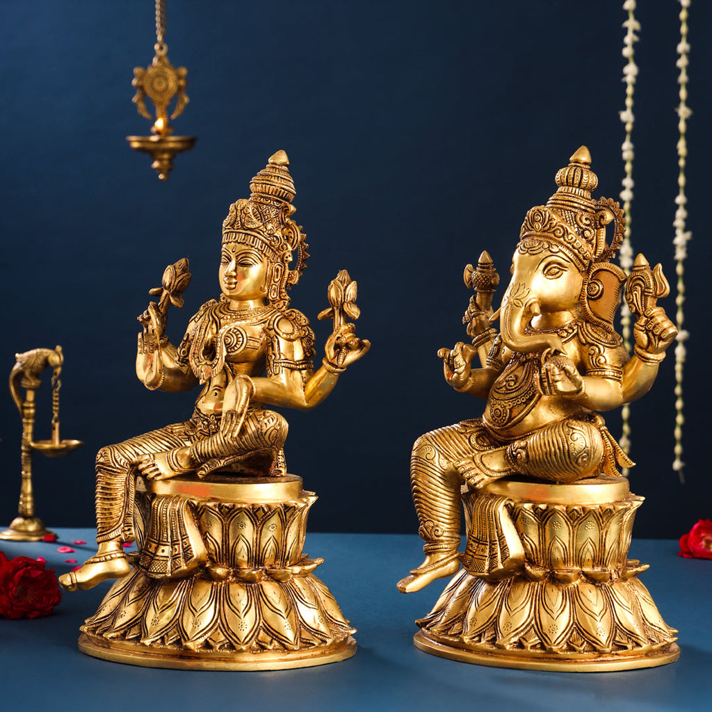 Brass Sitting Ganesha And Lakshmi Idols Set (14.8 Inch) Vedansh Craft