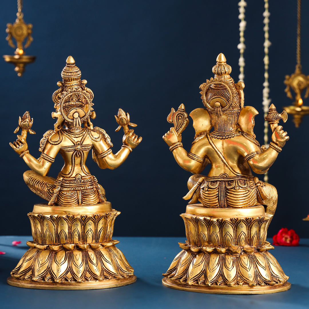 Brass Sitting Ganesha And Lakshmi Idols Set (14.8 Inch) Vedansh Craft