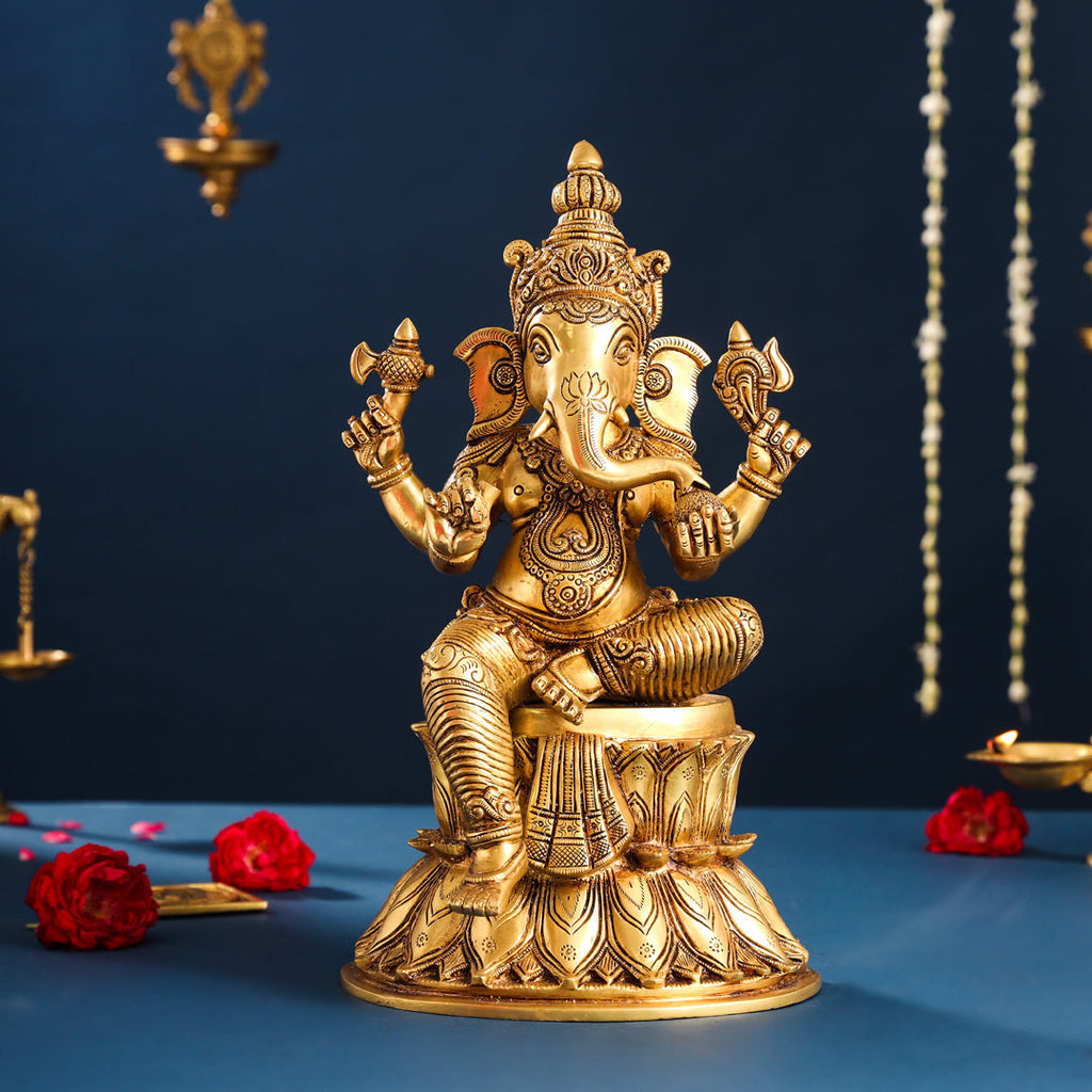 Brass Sitting Ganesha And Lakshmi Idols Set (14.8 Inch) Vedansh Craft