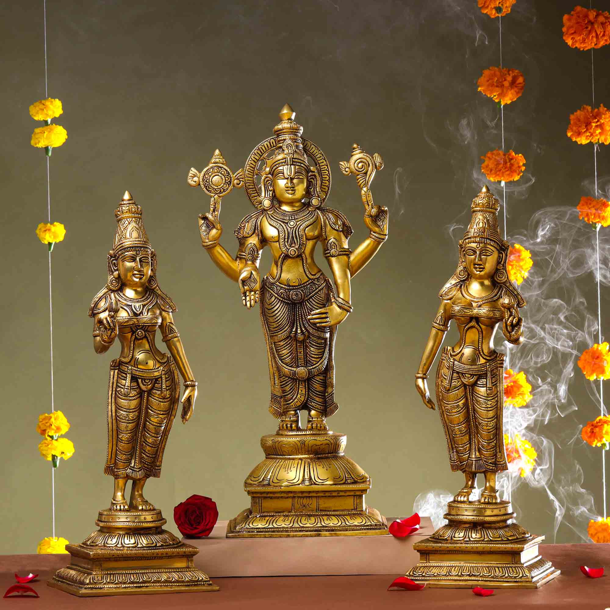 Brass Lord Balaji with Sri Devi and Bhudevi Idols Set Vedansh Craft
