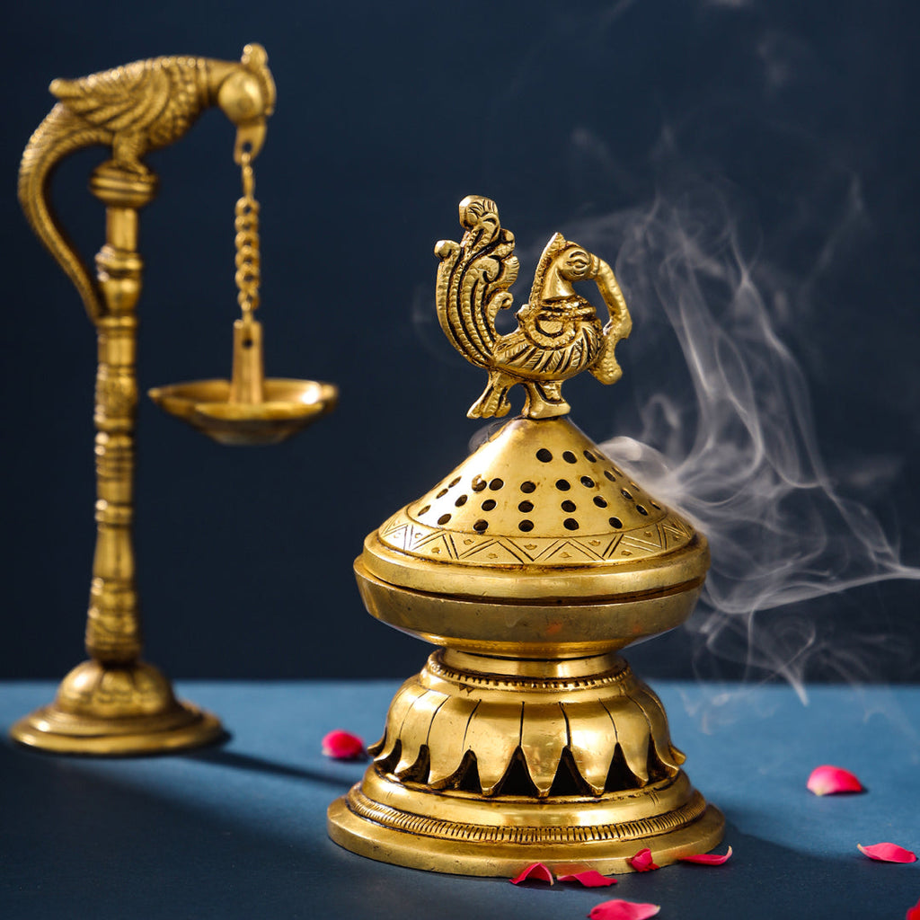 Brass Peacock Dhoop Dani & Incense Holder (6.5 Inch) Vedansh Craft
