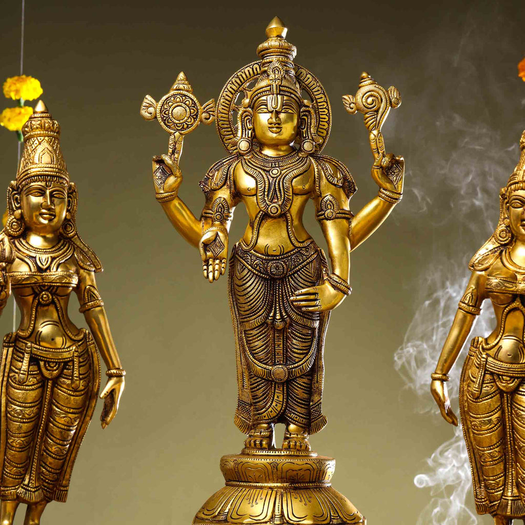 Brass Lord Balaji with Sri Devi and Bhudevi Idols Set Vedansh Craft