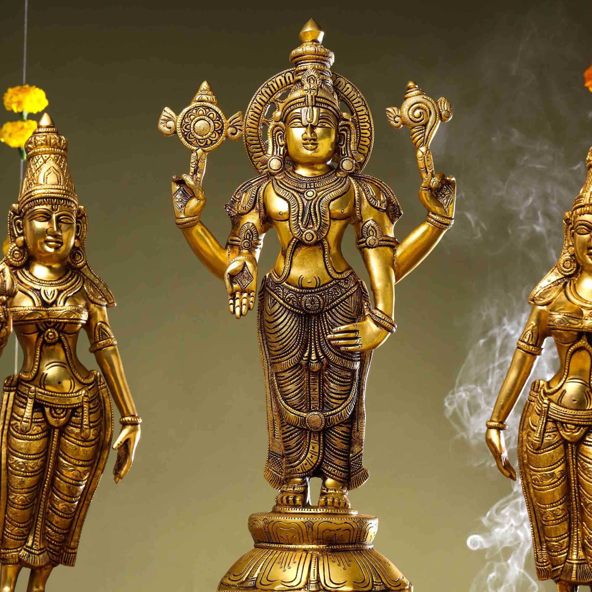 Brass Lord Balaji with Sri Devi and Bhudevi Idols Set Vedansh Craft