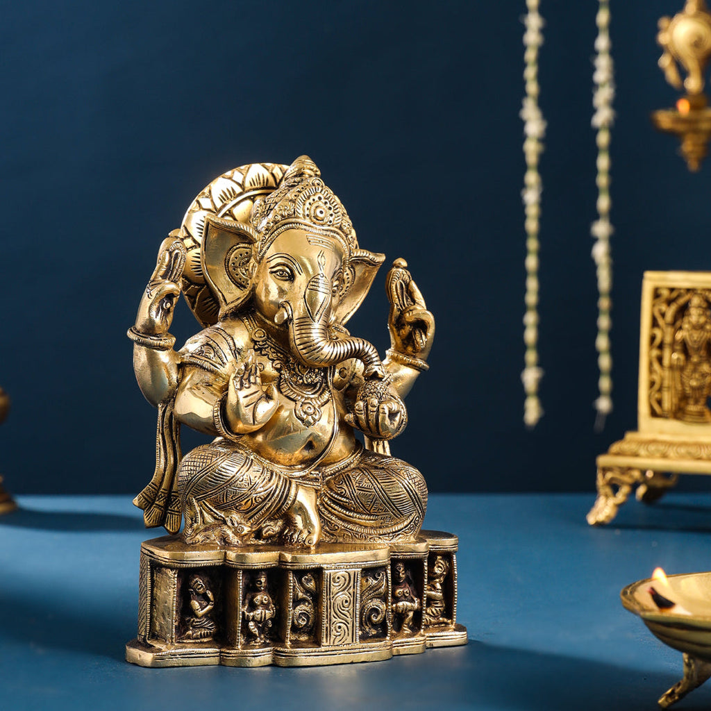 Brass Lord Sitting Ganesha Idol (8.7 Inch) Vedansh Craft