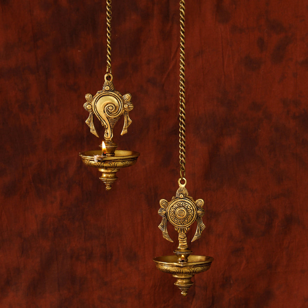 Brass Hanging Shankh And Chakra Diya Set (23 Inch) Vedansh Craft