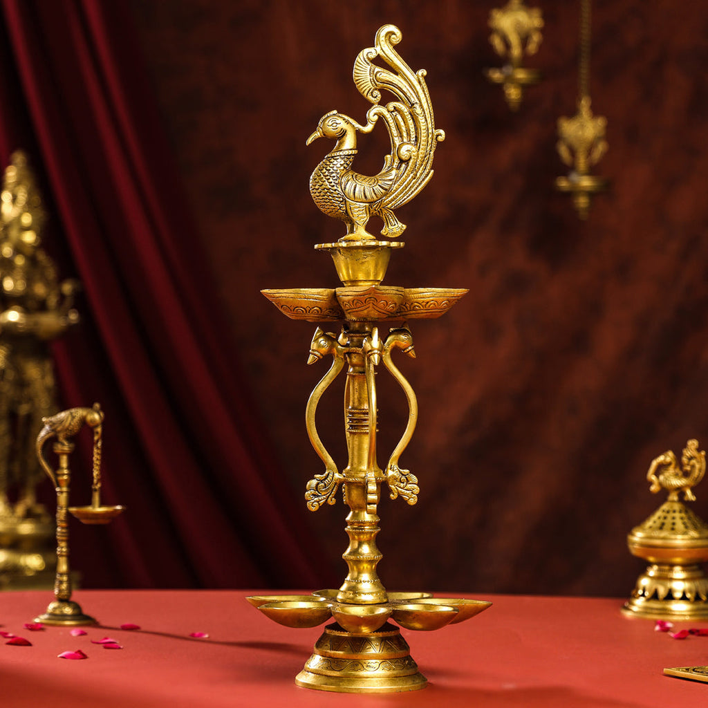 Brass Twelve Petal Peacock Long Lamp (20 Inch) Vedansh Craft