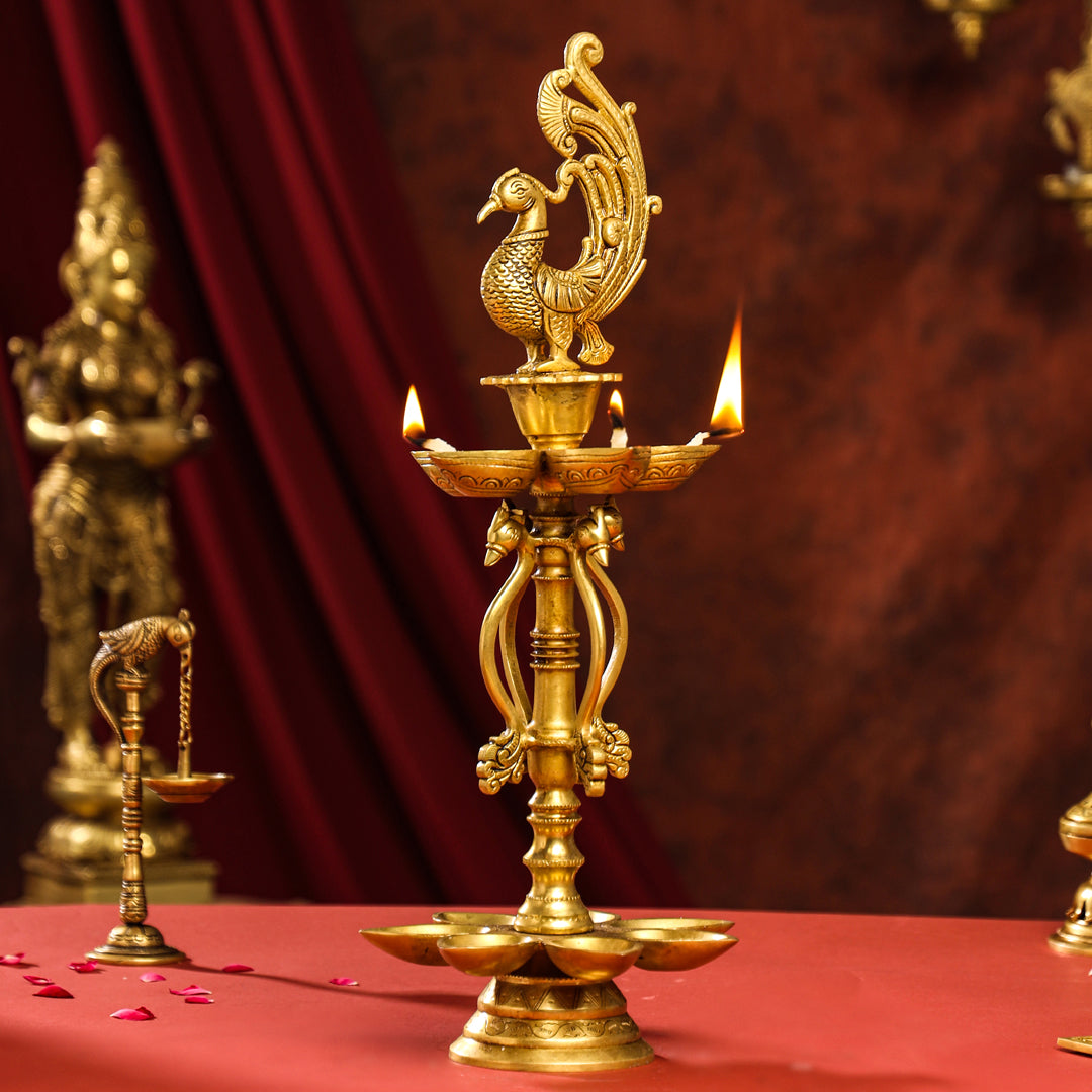 Brass Twelve Petal Peacock Long Lamp (20 Inch) Vedansh Craft