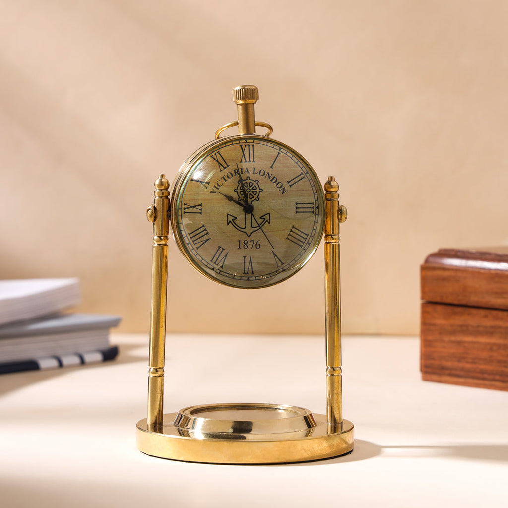 Brass Table Clock With Compass (5 Inch) Vedansh Craft